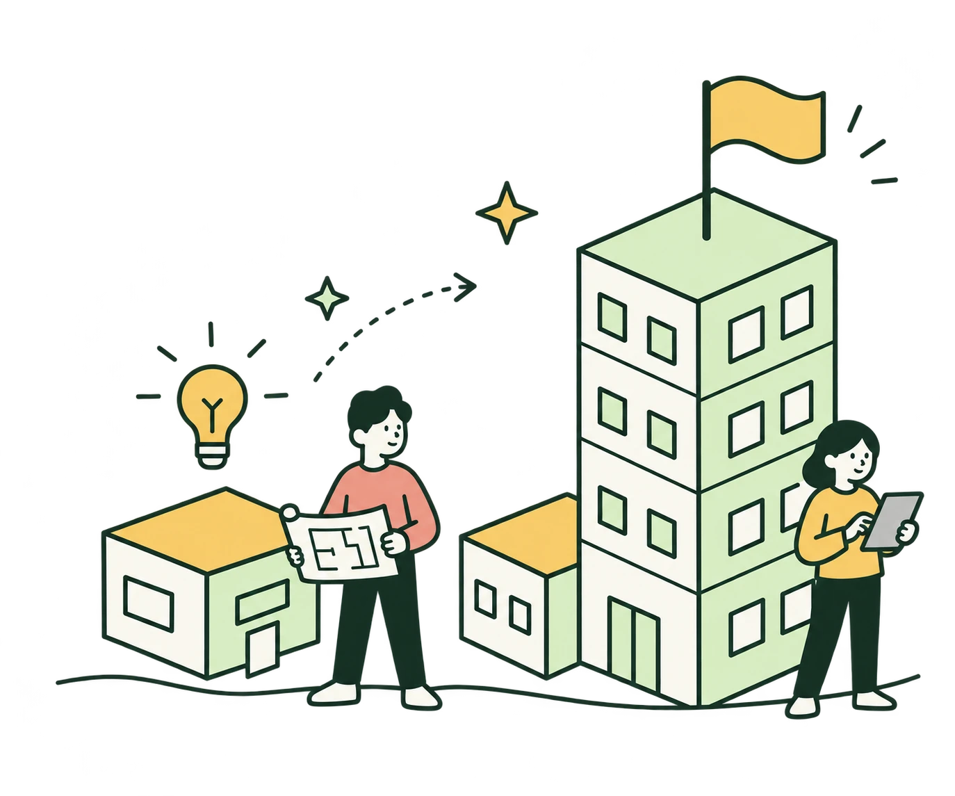 Two engineers turn a small prototype into a flagship enterprise building, with blueprints, a tablet and a golden flag.